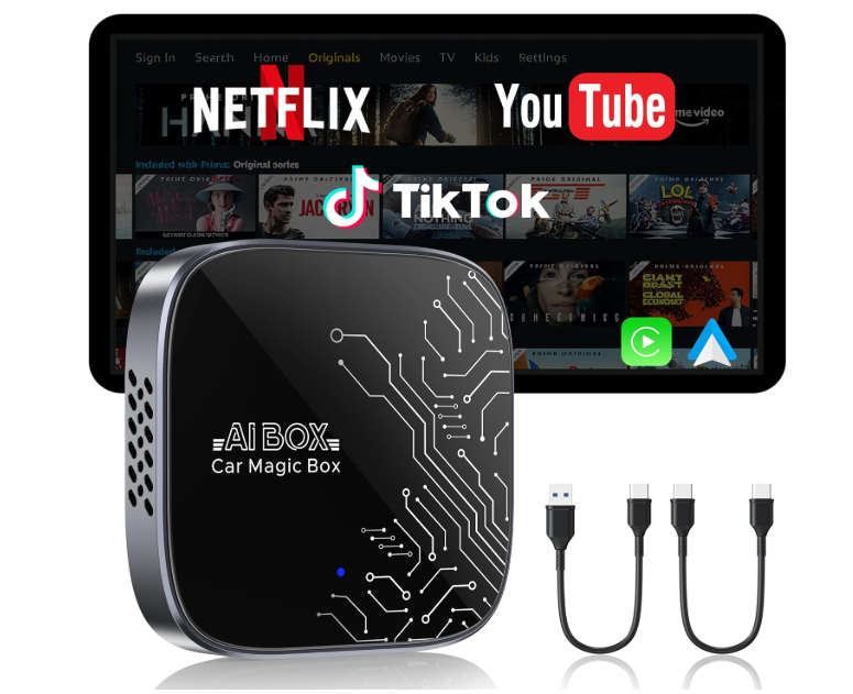 4in1 Magic AI Box for Streaming Netflix/YouTube/TikTok/TF Card, 2026 Wireless Carplay Adapter & Car Video Box, Plug & Play, Fits for OEM Wired CarPlay and Android Auto Cars