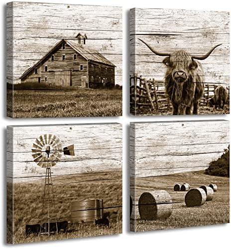 DJSYLIFE Western Decor Farmhouse Wall Decor Highland Cow Wall Art Rustic Painting Poster for Men's Bedroom Office Canvas Printed Poster Home Decoration Artwork 12" Wx12 Hx4