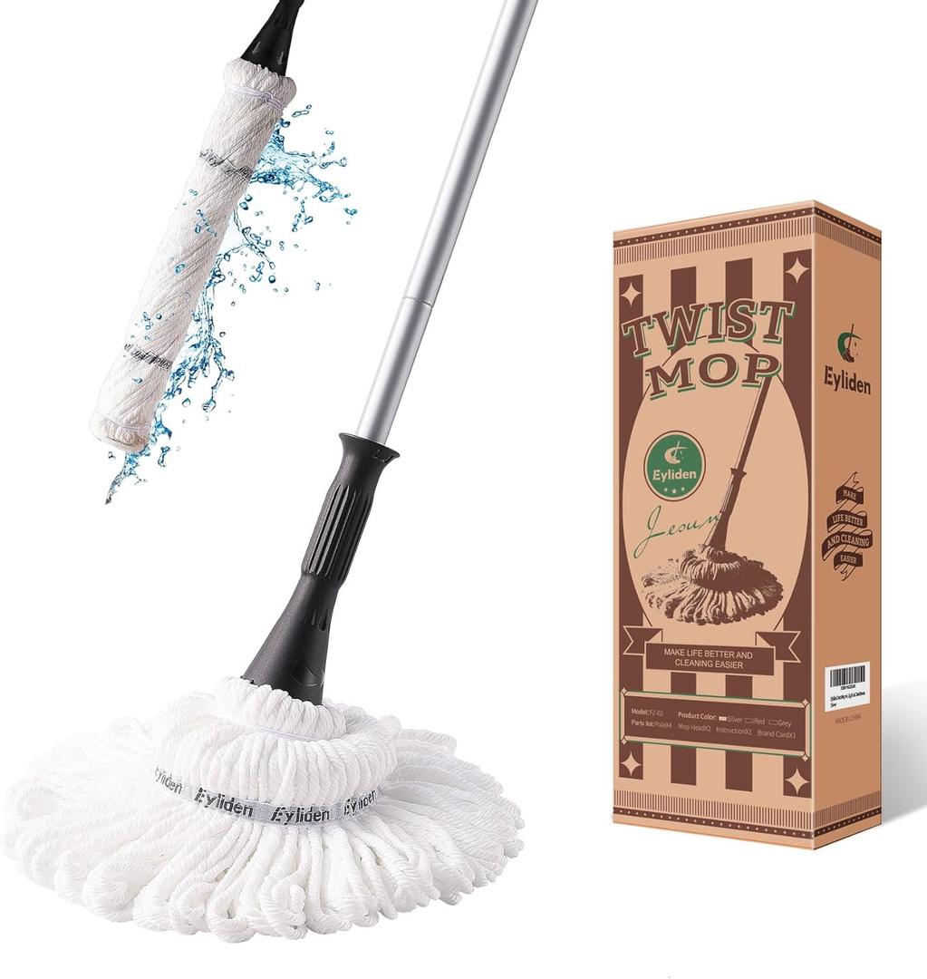 Eyliden Mop with 2 Reusable Heads, Easy Wringing Twist Mop, with 57.5 inch Long Handle, Wet Mops for Floor Cleaning, Commercial Household Clean Hardwood, Vinyl, Tile, and More (Silver)