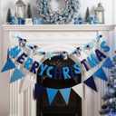 VitalCozy 3 pcs Pre Strung Merry Christmas Banner Felt Merry Christmas Garland Felt Pennant Flag Xmas Sign Outdoor Indoor Decoration for Holiday Party Supplies Home Porch(Blue, White, Winter)