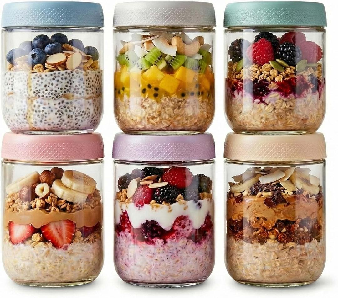 JBHO 6-pack 16 oz Overnight Oats Containers with Lids, Glass jars with Airtight Lids, Wide mouth Mason Salad jars, Glass Food Storage Containers for Snacks Yogurt Spice Sugar
