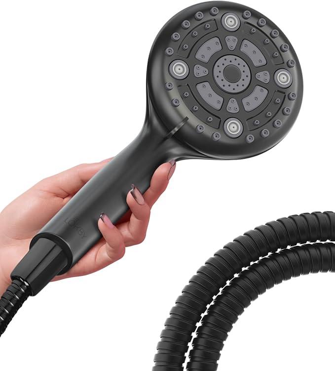 LOKBY High Pressure 6-Settings Shower Head with Handheld - 5'' Powerful Detachable Shower Head Set for low water pressure - 59'' Stainless Steel Hose - Tool-less 1-Min Installation