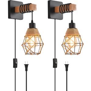 Rustic Wall Sconces Fixtures with Plug in Cord, Set of Two Indoor Vintage Rattan Wall Light Industrial Lamp Fixture Farmhouse Metal Sconces Light for Bedroom Bedside Living Room (2 Pack)