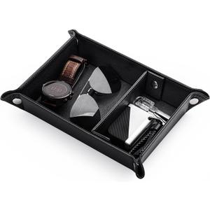 BONNY DODO Valet Tray for Men PU Leather Tray Organizer with Partition, Storage Keys, Watch & Practical Storage for Table Nightstand Living Room Bedroom (Black)