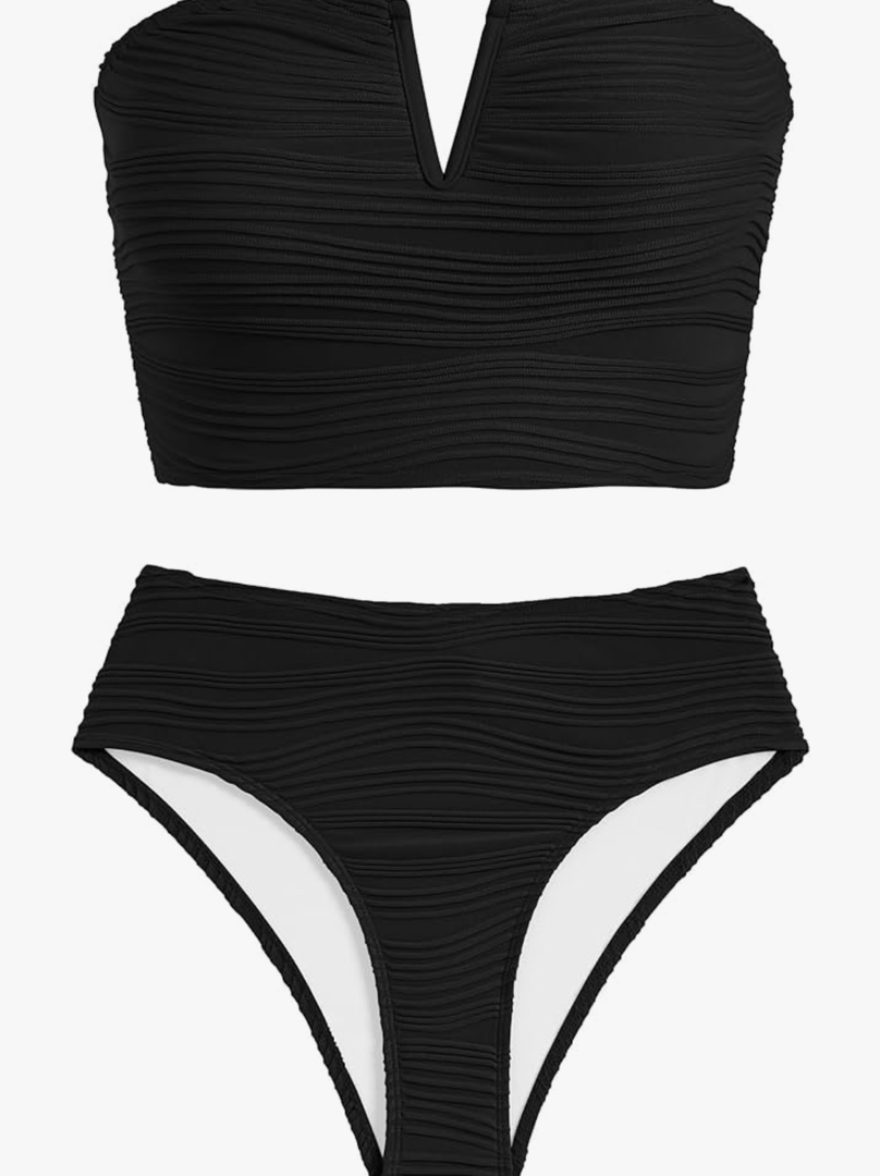 ZAFUL Womens Bandeau Bikini Set Strapless Textured Two Piece Lace up Bathing Suits High Waisted V-Neck Swimsuits Size M ZAFUL Womens Bandeau Bikini Set Strapless Textured Two Piece Lace up Bathing Suits High Waisted V-Neck Swimsuits Size M