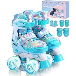 Children's Adjustable Roller Skates, Size 26-37 with 6 Children's Protectors Set and LED Luminous Wheels for Girls