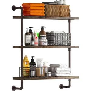 Helsin 3 Tier Industrial Pipe Shelf Rustic Wood Floating Shelves,Wall Display Bookshelf,Storage Rack Sundries Holder for Kitchen Office Bathroom Organization and Home Decor (24inch) (1set)