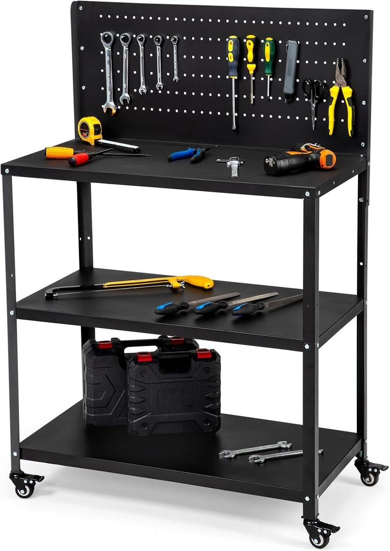 OLBRUS 50.4 X 33.4 Inch Workbench,Heavy Duty 200LBS Steel Work Bench with Pegboard and Lockable Wheels, Rolling Tool Storage Work Table for Garage Workshop Warehouse (50.4" X 33.4")