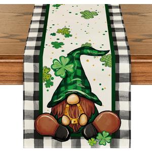 Artoid Mode Buffalo Plaid Shamrock Gnome St. Patrick's Day Table Runner, Seasonal Spring Holiday Kitchen Dining Table Decoration for Indoor Outdoor Home Party Decor 13 x 108 Inch (Black/White)