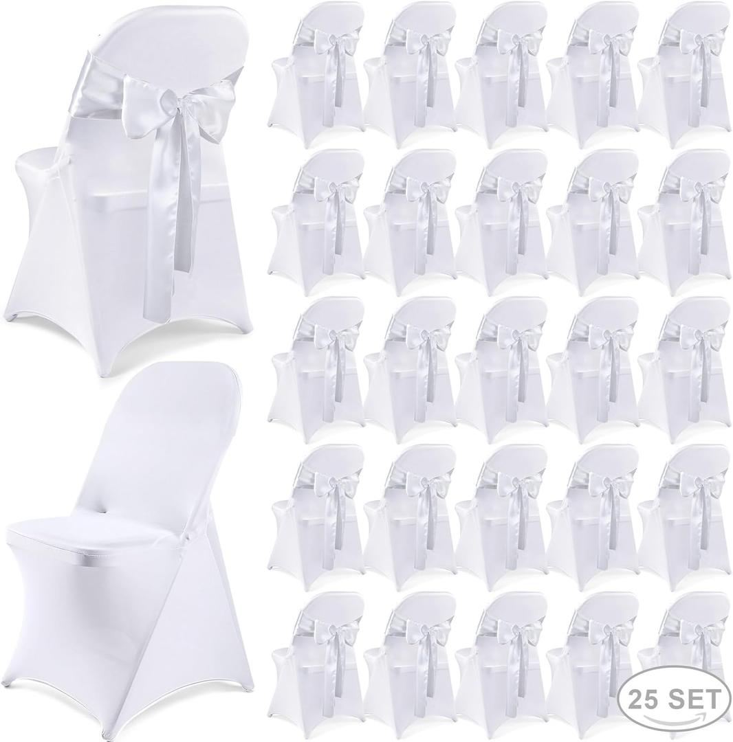 Lounsweer 50 Pcs Folding Chair Cover Set with 25 Stretch Spandex Slipcovers 25 Satin Chair Sashes Bows Ribbon Washable Banquet Protector for Wedding Event Party(White, White)