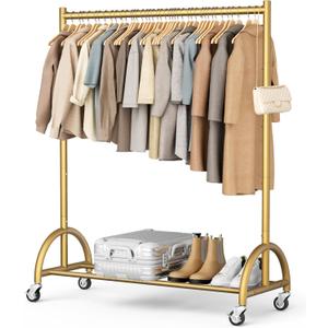 MISSLO Heavy Duty Clothing Rack with Wheels Rolling Clothes Racks for Hanging Clothes, Coats, Garment, Dress, Gold
