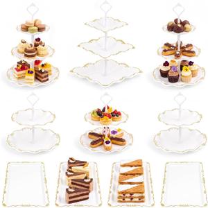 10 Pcs Cupcake Stand,Dessert Table Display Set with Gold Rim,3 x Three-Tier and 3 x Two-Tier Cake Stands,4 x Appetizer Serving Trays for Birthday, Wedding, Baby Shower,Tea Party (White)