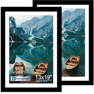 Hongkee 13x19 Picture Frame Set of 2, Black Wood Style - Display Posters 11 x 17 with Mat or 13x19 without Mat, Wall Mounting Horizontal and Vertical