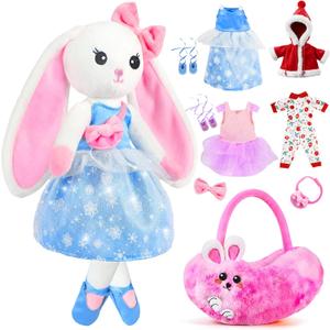 Ballerina Doll Stuffed Animals Girl Toys Age 3-8, Bunny Stuffed Animal, Ballet Dress Up Doll, Rabbit Plush Toys, Kids Pretend Play with 4 Set Clothes, Cape, Plush Bag, 3 4 5 6 7 8 Year Old Girl Gifts