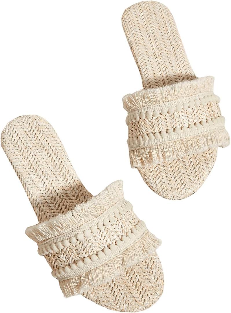 OYOANGLE Women's Fringe Straw Sandals Crochet Open Toe Single Band Flat Slip On Sandals (8.5, Beige)