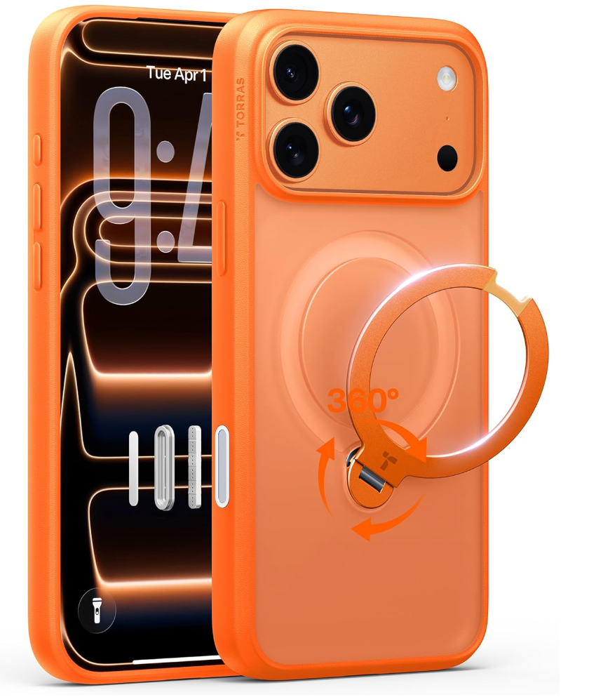 TORRAS Q3 Spin for iPhone 17 Pro Max Case with 360 Magnetic Stand, Wireless Charging Compatible, Hard PC Case for 17 Pro Max Phone Case with Stand, Translucent Cosmic Orange
