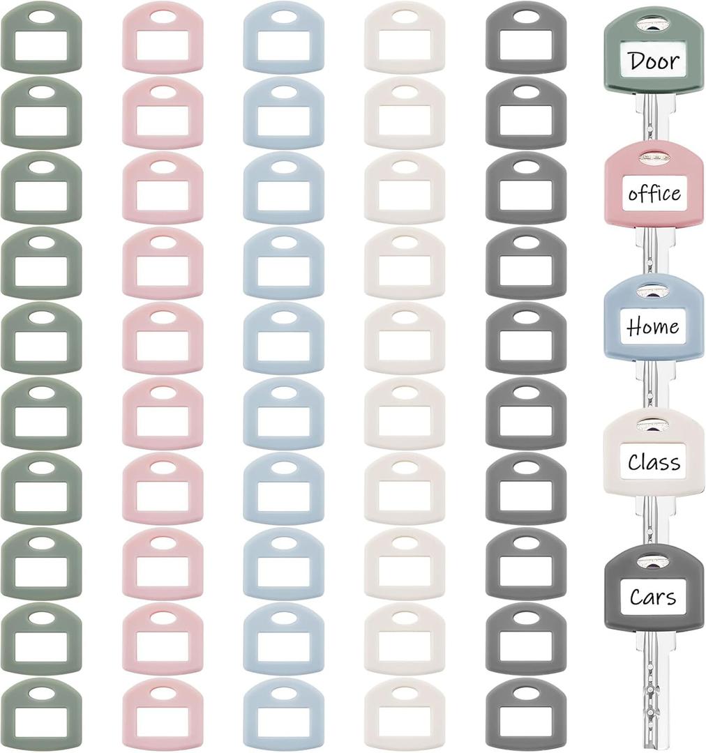 Blulu 50 Pieces Colored Key Tags with Labels 1 Inch Cute Silicone Key Covers Caps Tag with Self Adhesive Stickers for House Classification Organization(Morandi Color,Square)