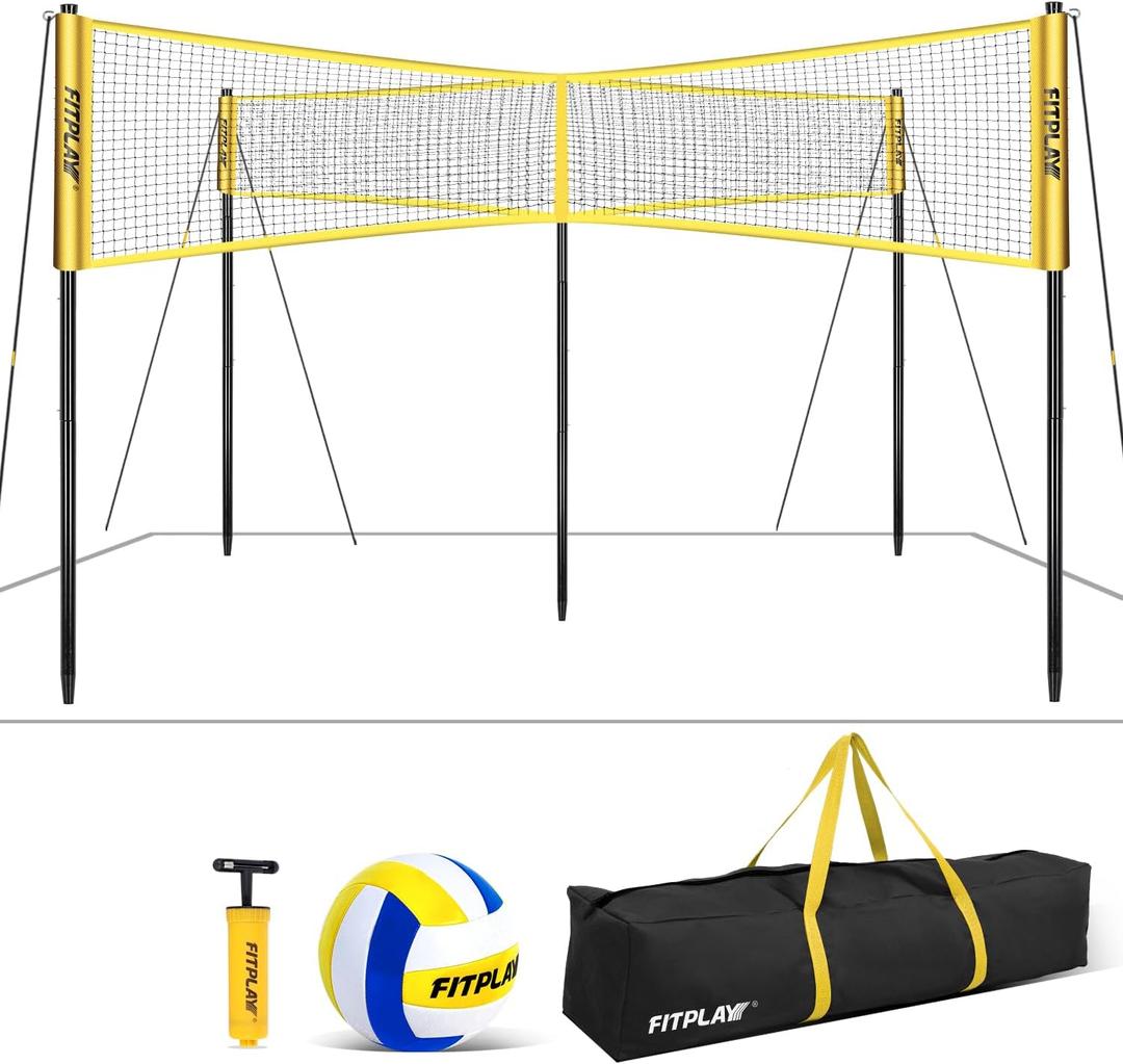 WEEPALM Four Square Volleyball Net Set - 14FT Adjustable Height (7', 5'3", 3'5") - Yellow PE Net with Official PU Volleyball & Air Pump - Quick Assemble Outdoor Game for Adults & Youth