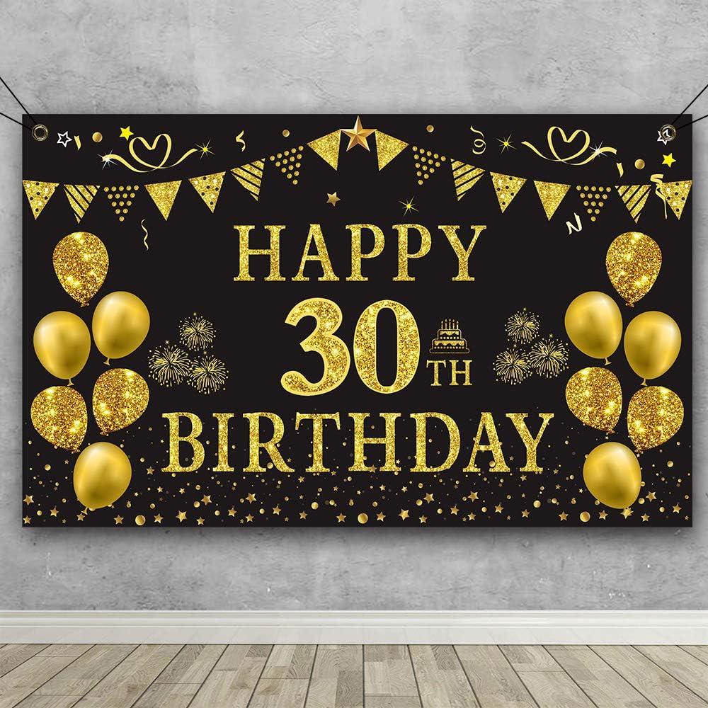 30th Birthday Backdrop Gold and Black 5.9 X 3.6 Fts Happy Birthday Party Decorations Banner for Women Men Photography Supplies Background Happy Birthday Decoration