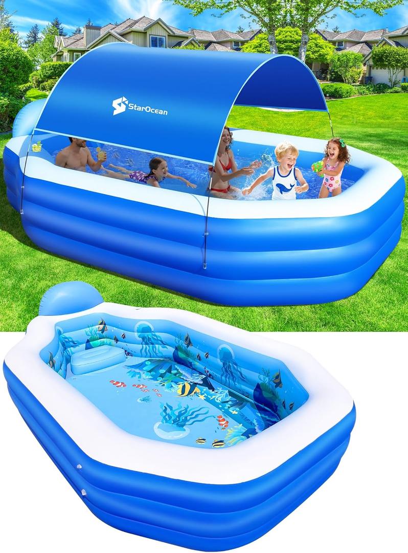 StarOcean Inflatable Pool with Canopy, Large Inflatable Swimming Pool for Kids, Adult, Blowup Pools with Seats, Backrest. Durable Thickened Inflatable Family Pools for Backyard, Dark Blue-120"x75"x20"