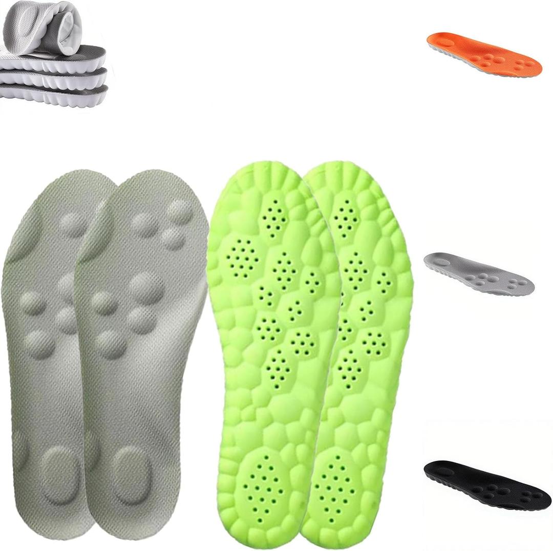 Pickleball Insoles, Insoles Men & Women, 4D Anti-Slip Prevent Foot Odor Providing Shock Absorption and Cushioning Memory Foam Insole (Grey-Green(Buy 2get 4), Men10/Women11.5)