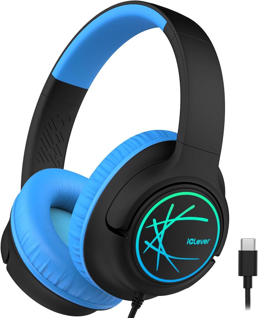 iClever Upgrade USB C Kids Headphones for School, 85dBA Safe Volume, Stereo Sound, Foldable Adjustable, Breathing Light, Over Ear Kids Headphones with Cord for Boys/Girls/iPad/Tablet/Travel