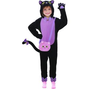 Gifts2U Halloween Cat Costume for Girls, Kids Onesie with Purple Cat Ears, Tail, Paws, Bow Ties and Purse Bag, Gifts for Halloween, Birthday or Any Costume Occasion 7-8 Years