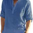 COOFANDY Men's Cotton Linen Henley T-Shirt Long Sleeve Hippie Casual Beach T-Shirts (Large, Denim Blue)