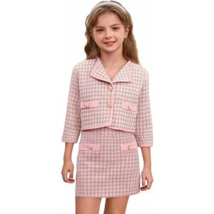 WDIRARA Toddler Girl's 2 Piece Houndstooth Button Front Long Sleeve Round Neck Jacket and Skirt Outfits Set (5T, Pink)