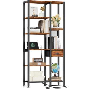 Furologee 6 Tier Bookshelf with USB Ports and Power Outlet, Double Tall Book Shelf with Drawer, Wide FreeStanding Shelf Units, Reversible Storage Rack for Bedroom, Living Room, Bathroom, Rustic Brown