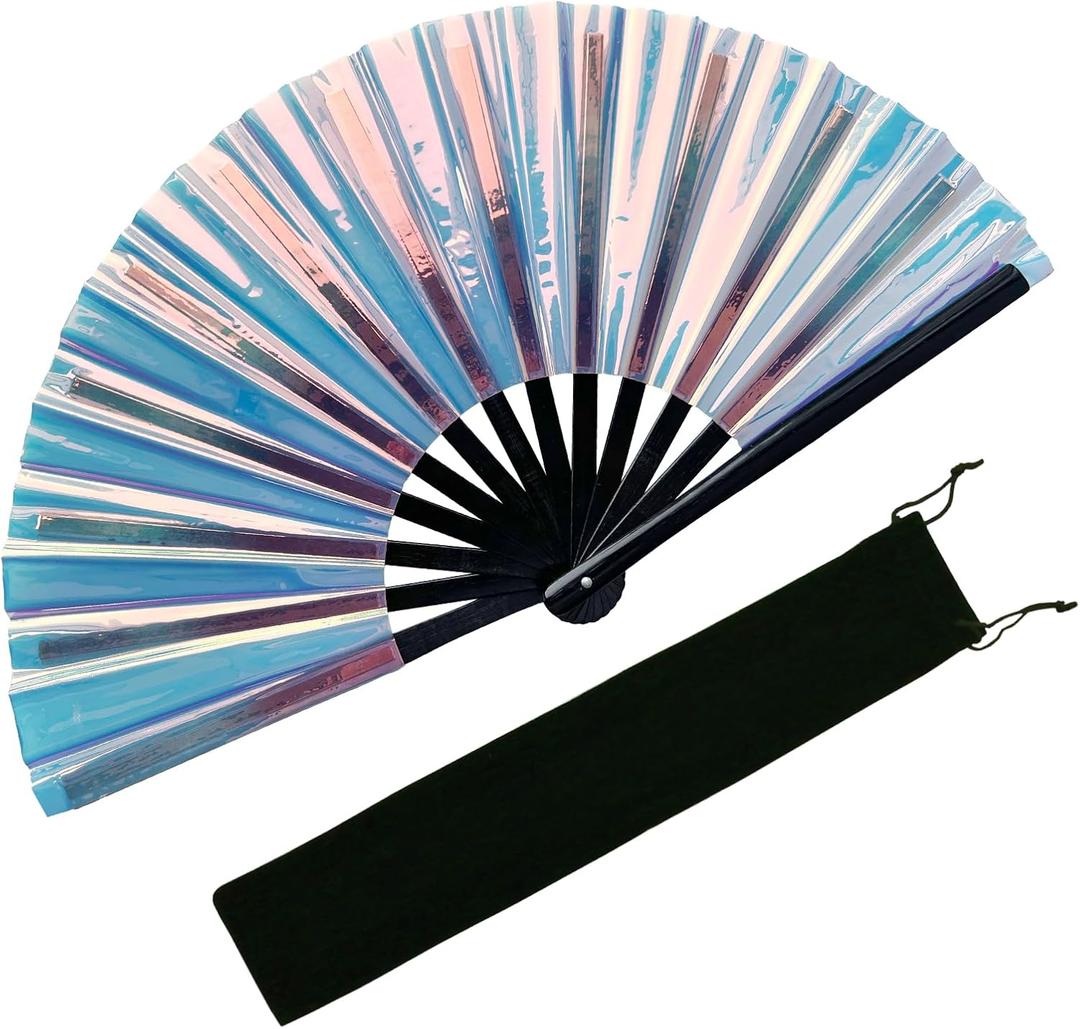 Large Laser Rave Fan Folding Hand Fans for Line Dancing Portable Handheld Clack Fan for Festival EDM Party Music Outfit Accessories (13" Blue 01)