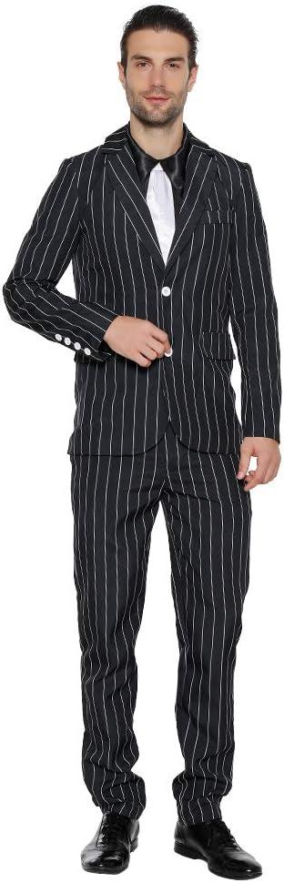 EraSpooky Men's 1920s Gangster Costume Wide Pin Stripe Suit Include Jacket Pants Shirt Front with Attached Necktie (Medium, Black)