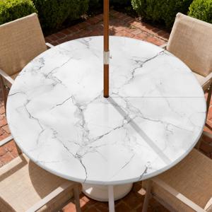 Round Outdoor Tablecloth with Zipper and Umbrella Hole, Fitted Table Cloth with Elastic, Oil Waterproof Tablecover for Patio Picnic Camping Garden Fits 45"-48" Round Table, White Marble