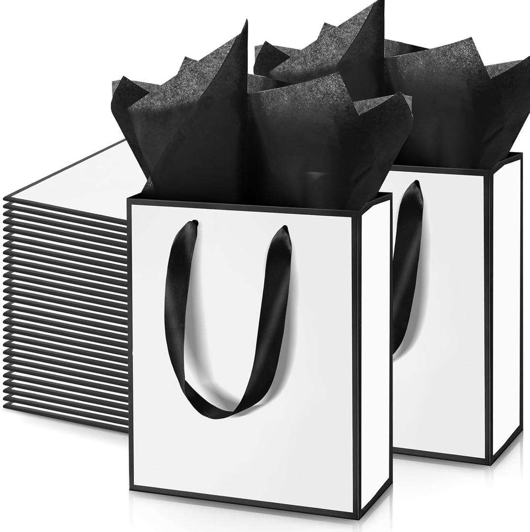 Yeaqee 50 Pack Metallic Gift Bags with Handle and Tissue Paper Gold Foil Thank You Bag for Thanksgiving Day Christmas Wedding 5 Senses Gifts Holiday Party Favors 9x7x3.15''(White Black)