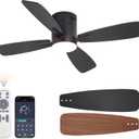 LEDIARY 46 inch Ceiling Fans with Lights and Remote Control,Flush Mount Ceiling Fan with Quiet Reversible DC Motor,Black Modern Low Profile Ceiling Fan with Light for Bedroom Living Room Patio
