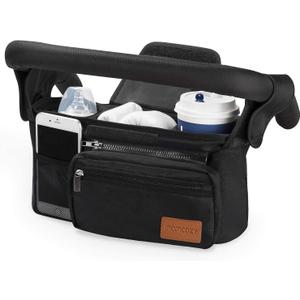 Momcozy Universal Stroller Organizer with Insulated Cup Holder Detachable Phone Bag & Shoulder Strap, Fits for Stroller like Uppababy, Baby Jogger, Britax, BOB, Umbrella and Pet Stroller, Black 