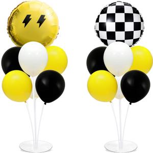 Smile Party Balloons Stand Kit 2 Sets with 2 Black White Checkered Foil Balloons Happy Face Themed Party Balloon Centerpiece for Tables for Baby Birthday Party Yellow Smile Face Themed Decorations