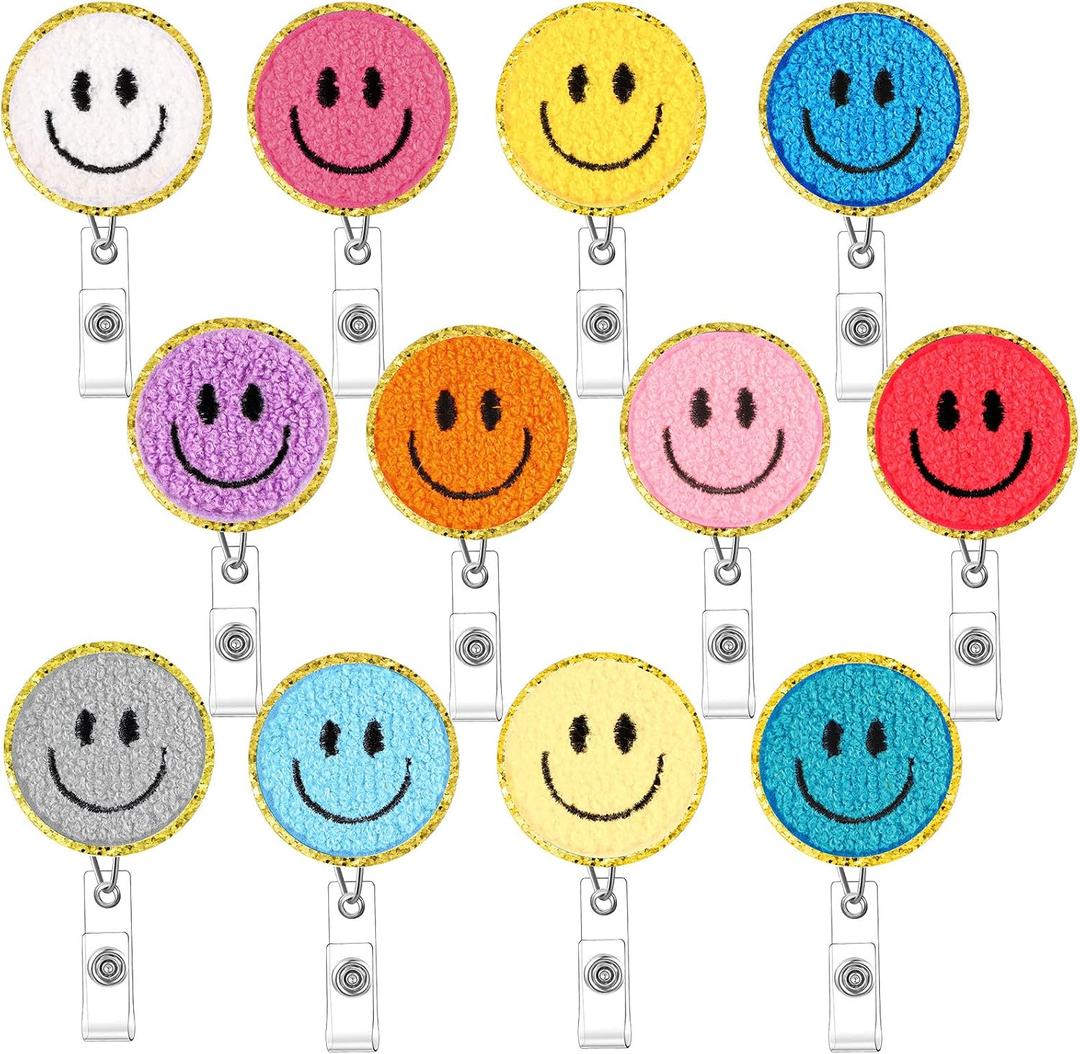 Tinlade 12 Pcs Smile Face Badge Reels Bulk Retractable Felt Badge ID Clip Happy Face Name Tag Holders for Nurse Doctors Teacher Team Coworkers Employee Office Graduation Favors (Assorted Color)