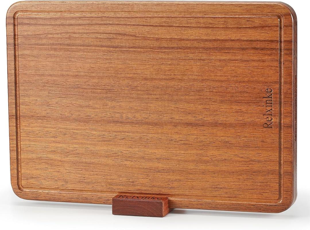 Solid Teak Wood Cutting Board One Piece Non Glued Large Thick Crack Resistant Wooden Chopping Board with DeepJuice Grooves Built in Handles for Kitchen Meat Vegetable 16.9x11.8 IN