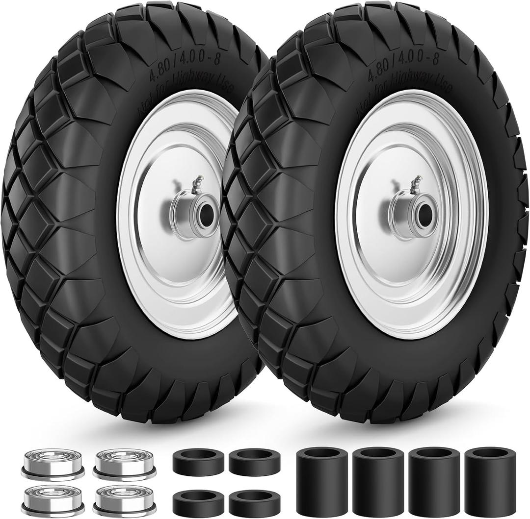 RONPOW 4.80/4.00-8 Flat Free Wheelbarrow Tire and Wheel, 16" Solid Puncture Proof Replacement Tires with 5/8" & 3/4" Bearings, 400Lbs Load, Universal Fit for Garden, Farm & Construction, 2Pack Silver