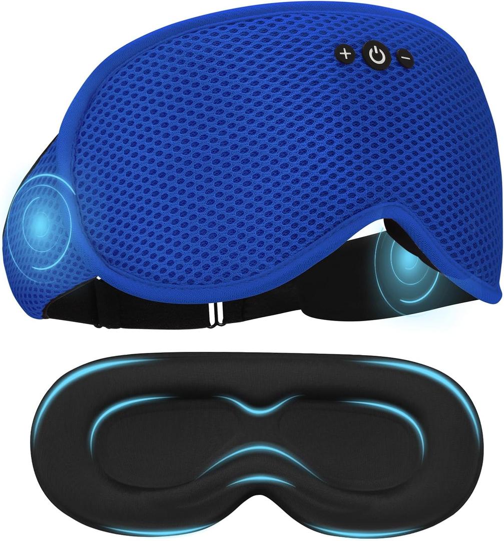 Sleep Mask with Bluetooth Headphones, Removable 3D Contoured Cup, Wireless Eye Mask for Sleep, Sleeping Headphones with Thin Stereo Speakers for Men, Women, Travel, Relaxation - Blue