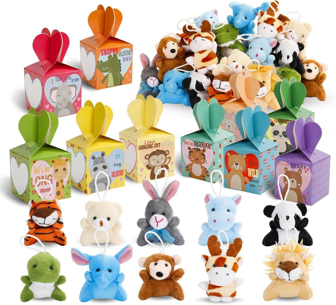 ATFUNSHOP 30 Pack Animal Plush Keychains Bulks  Easter Basket Fillers, Valentines Day Gifts for Kids, Small Stuffed Animals Toys with Gift Boxes, School Classroom Party Favors for Students