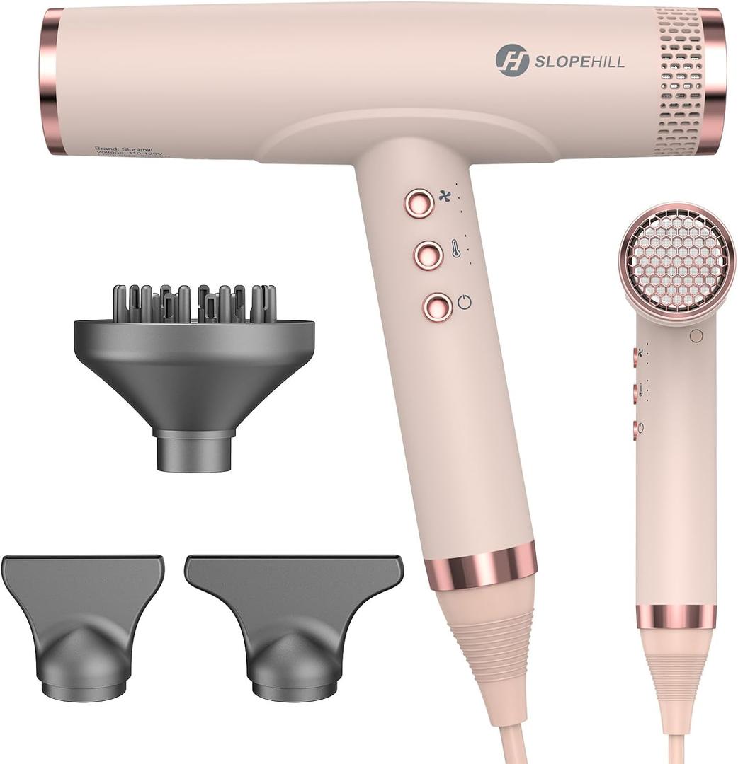 slopehill Professional Ionic Hair Dryer, High-Speed Blow Dryer with Brushless Motor for Salon Use, Lightweight Compact Hairdryer for Travel, Low Noise Quiet for Home, Ceramic Pink (Pink Light)