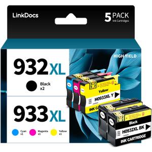 LinkDocs 932XL 933XL Ink Cartridge Compatible Replacement for HP 932XL 933XL 932 933 Used with Officejet 7110 6600 6700 6100 7612 7610 Printer (5 Pack, 2xBlack,Cyan,Magenta,Yellow)