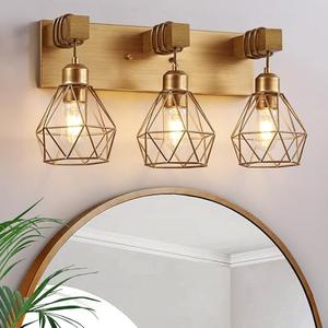 Farmhouse Bathroom Light Fixtures, 3-Light Gold Bathroom Vanity Light, Rustic Matte Antique Brass Finish with Metal Lampshade, Wall Sconces for Bedroom, Living Room, Hallway