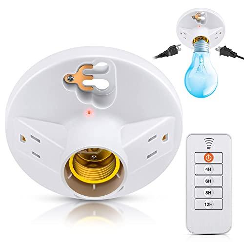 Ceoighe 1 Pack Upgraded Remote Control Plastic Light Fixture with 2 Grounded Outlet and Timer Function, 125V 660W Light Bulb Fixture Socket Outlet, Ceiling Lampholder for Garage, Basement, Closet