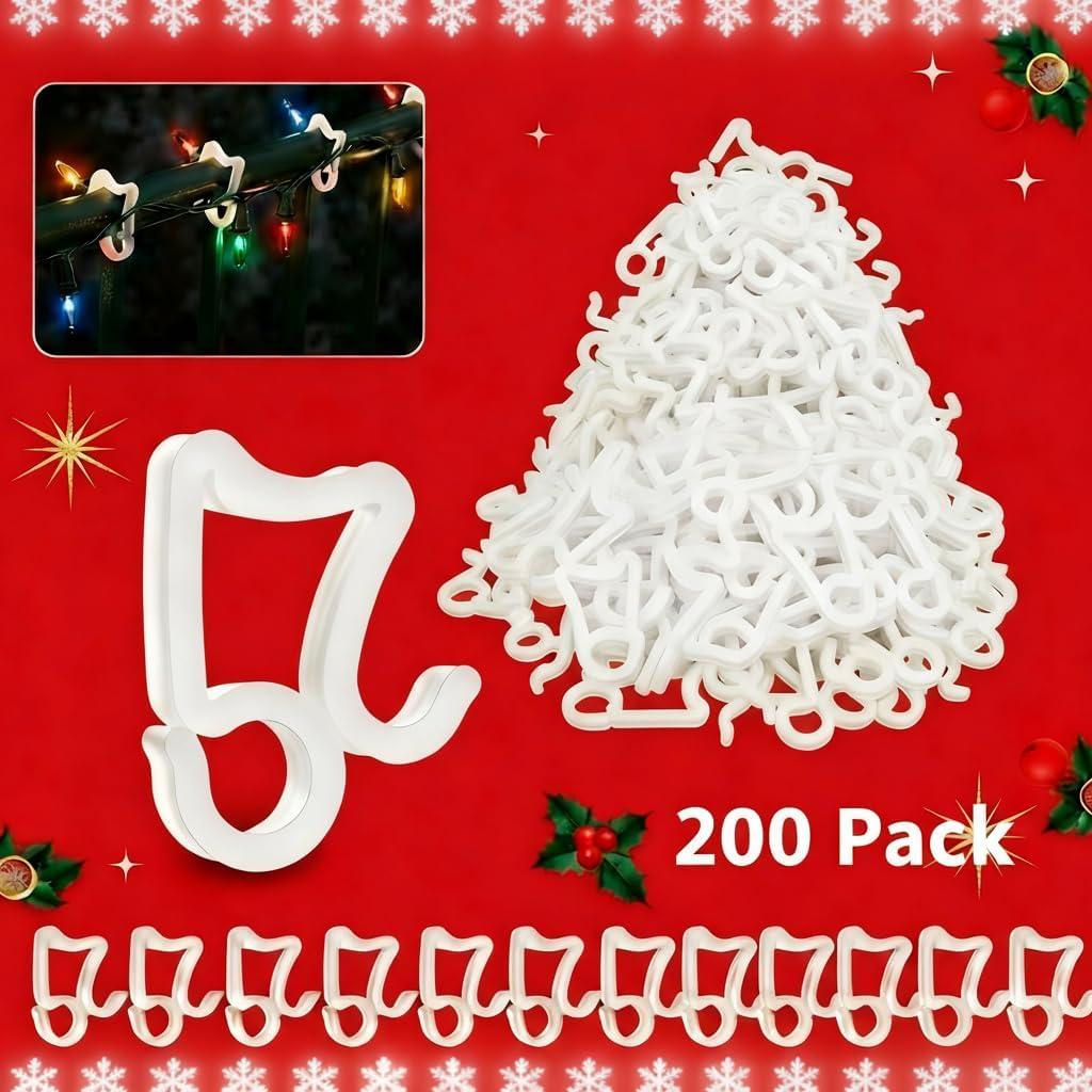 eygeufg Christmas Light Clips Hooks - Gutter Light Hooks Clips Hangers for Christmas Decoration Outdoor Halloween New Year Holiday (200 Pack)