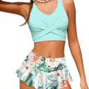 Qaoerde Girls Swimsuit 2 Piece Girls Tankini Criss Cross Swimsuit Tropical Print Ruffle Bottom Bathing Suits for Girls (13-14 Years, Mint Green Tropical)