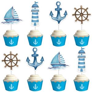 Kreatwow Nautical Cake Decorations and Cupcake Toppers - Sailor Birthday Party Supplies, Ocean Navy Theme Decor for 1st Birthday, Baby Shower, Bachelorette Party (Blue)