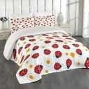 Lunarable Ladybugs Coverlet Set Queen Size, Summer Motif of The Ladybird and Flowers Spring Bloom Chamomiles Illustration, 3 Piece Decorative Quilted Bedspread Set with 2 Pillow Shams, Marigold Black